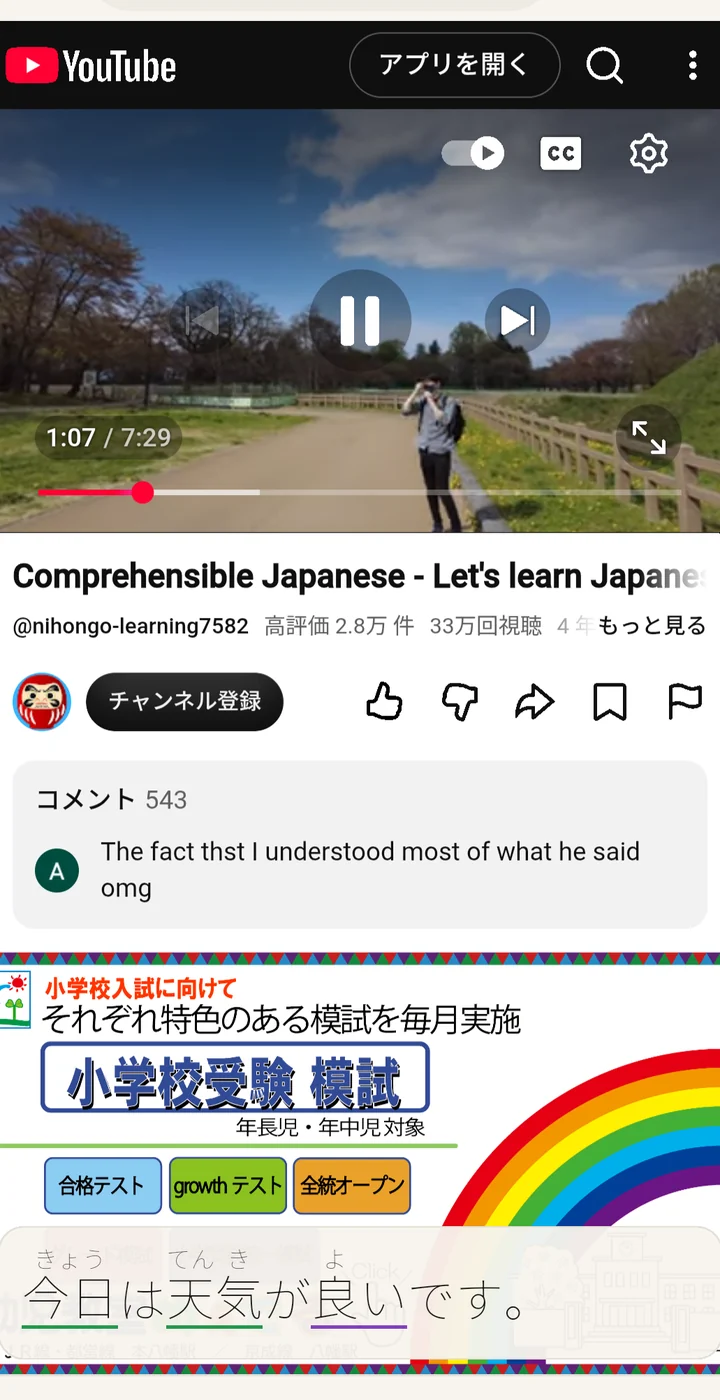 A Japanese video with a subtitle band below it, each word tappable.