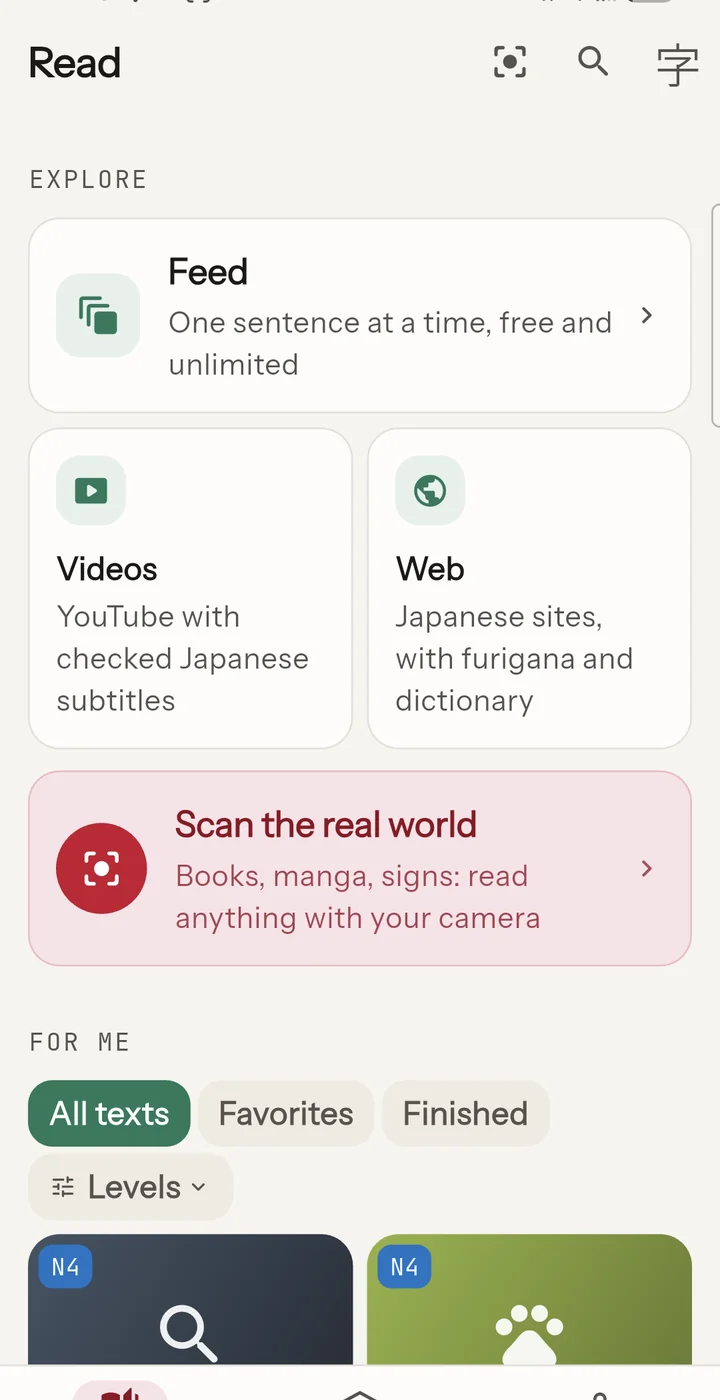 The Read tab of the app: feed, videos, web, scan, and graded texts.